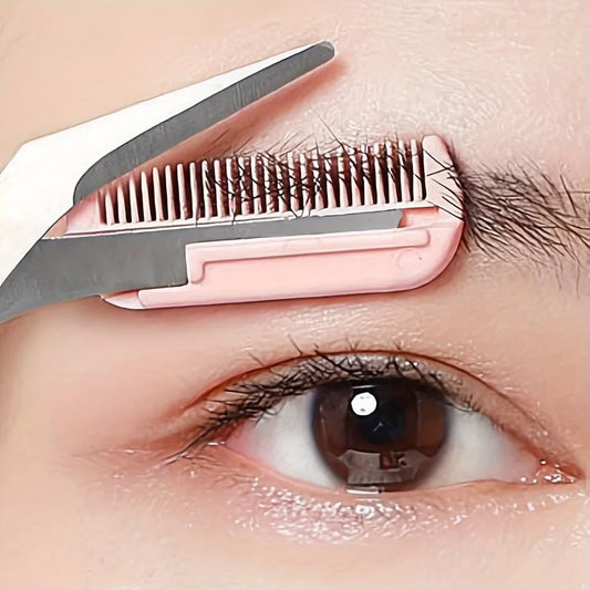 Eyebrow trimming scissors with comb precision brow grooming tool in use